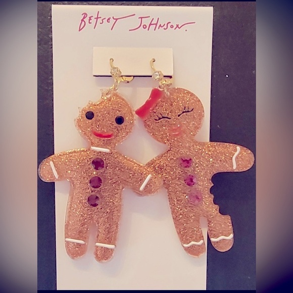 BETSEY JOHNSON XL Christmas Holiday Glittery Gingerbread Men Cookie Earrings NWT - Picture 2 of 2